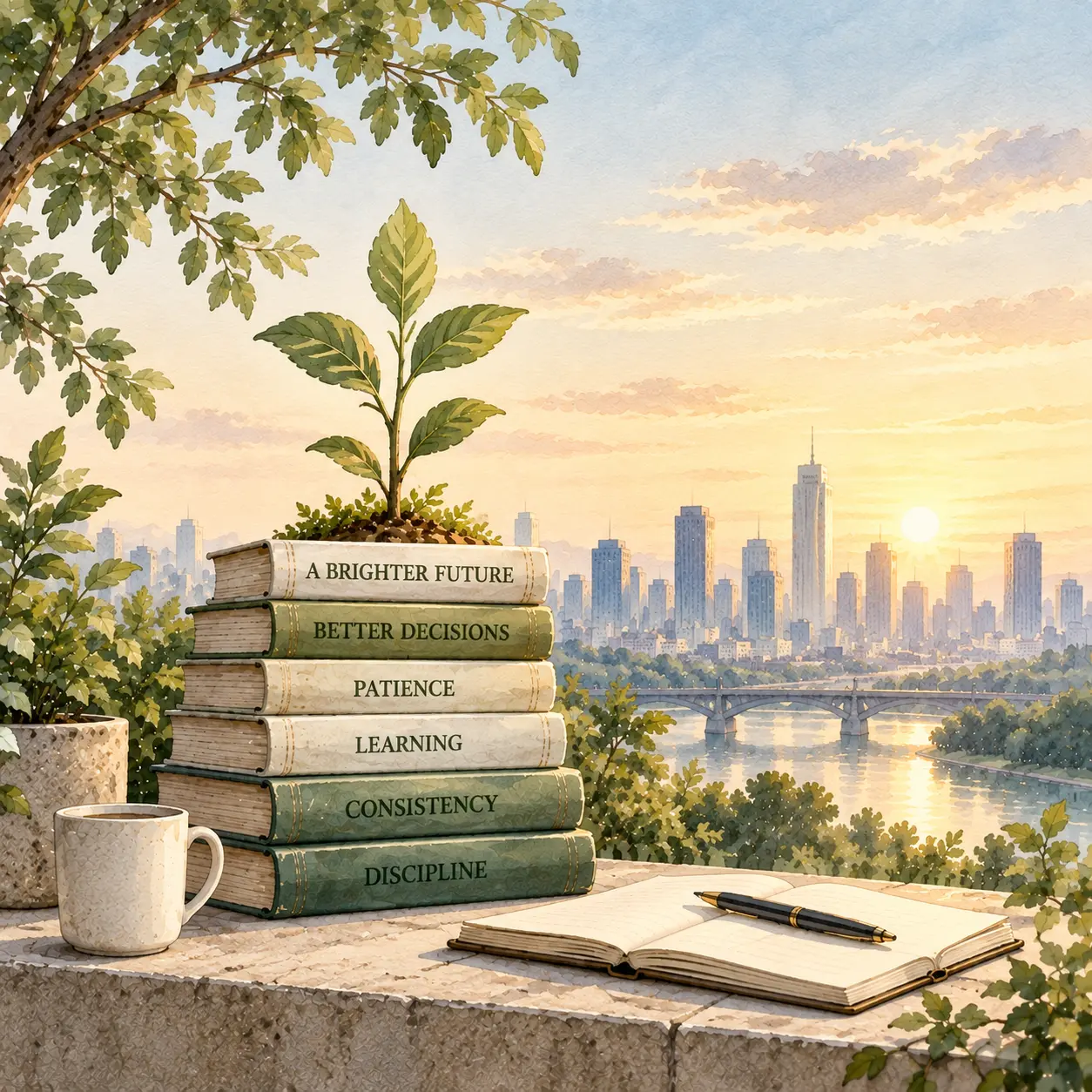 Watercolor illustration of stacked books on growth principles with a young plant sprouting toward a sunrise city skyline